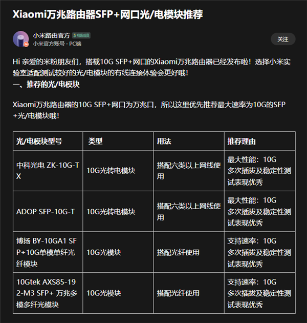 全屋10G光纤组网!小米官方推荐万兆路由器SFP+光/电模块 - v2ra小站