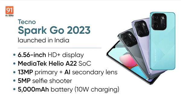 传音低端手机Tecno Spark Go 2023发布：3GB RAM、5000毫安时电池配10W充电 - v2ra小站