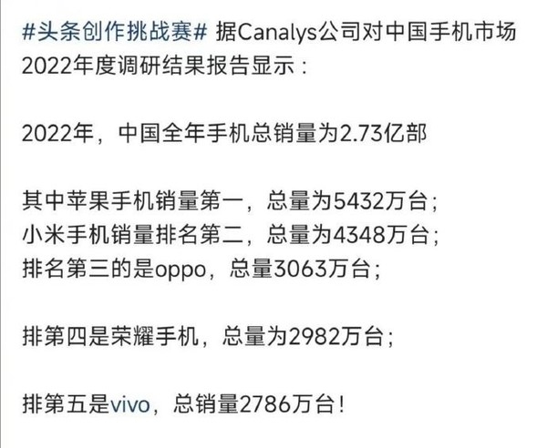 2022国内手机销量排名公布 苹果断层第一 华为令人意外 - v2ra小站